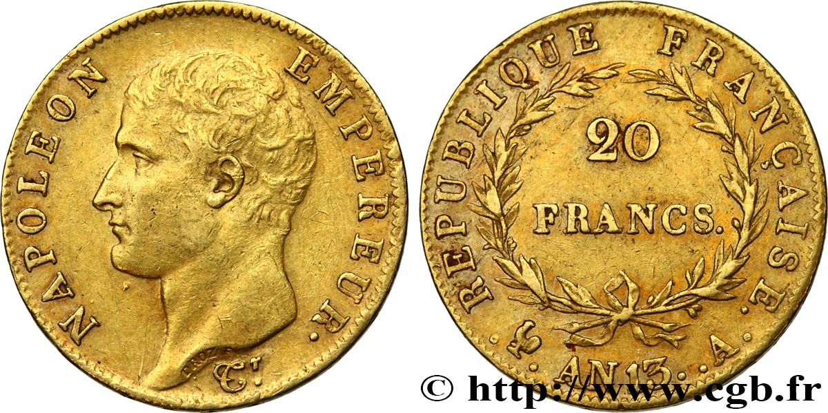 20 francs or Napoléon tête nue, Calendrier révolutionnaire 1805 Paris F.512/1 AU50 