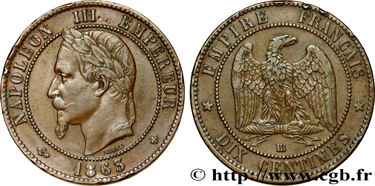 Dix centimes Napoléon III, tête laurée 1863 Strasbourg F.134/11 BB48