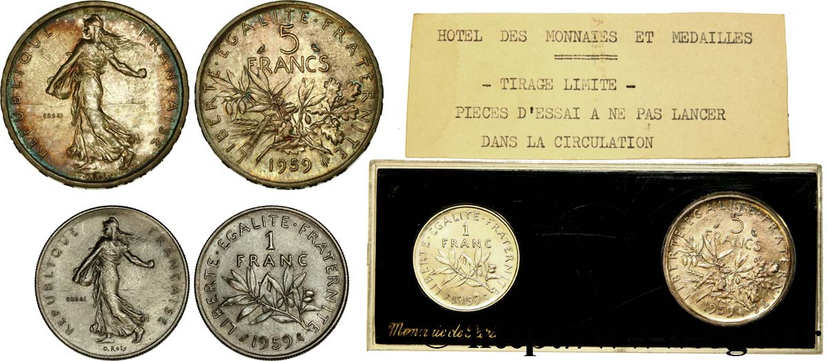 Boîte d essais de 5 francs et de 1 franc Semeuse “Haut Relief” 1959 Paris GEM.104 17 MS 