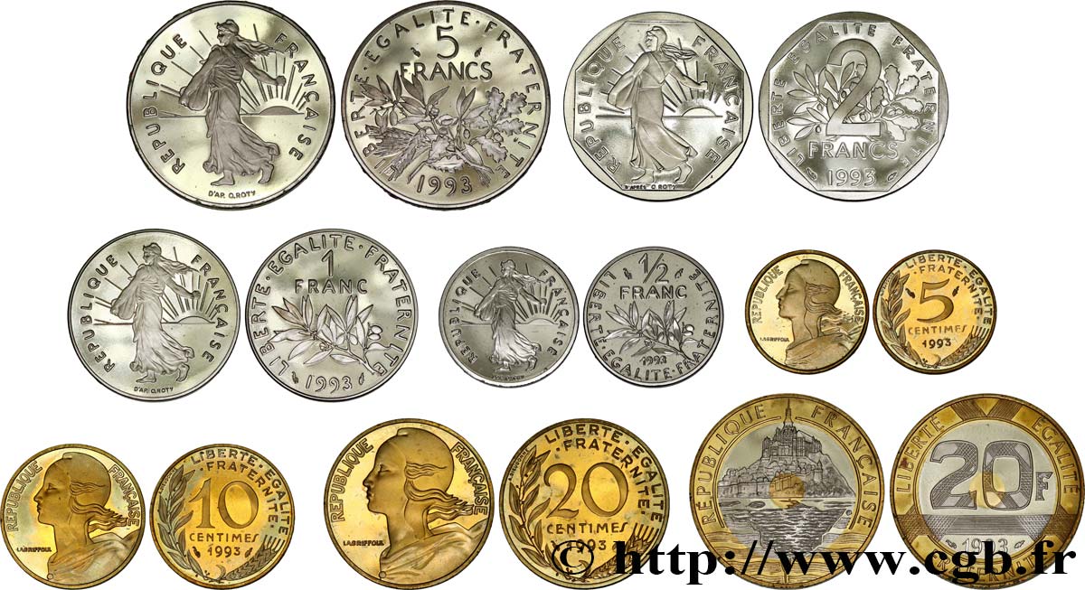 Lot de huit monnaies Belle Épreuve 1993 Pessac F.125/33 var. MS 