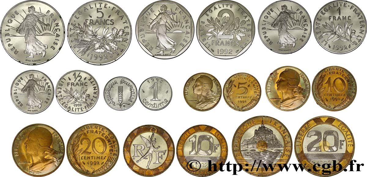 Lot de dix monnaies Belle Épreuve 1992 Pessac F.125/30 var. MS 