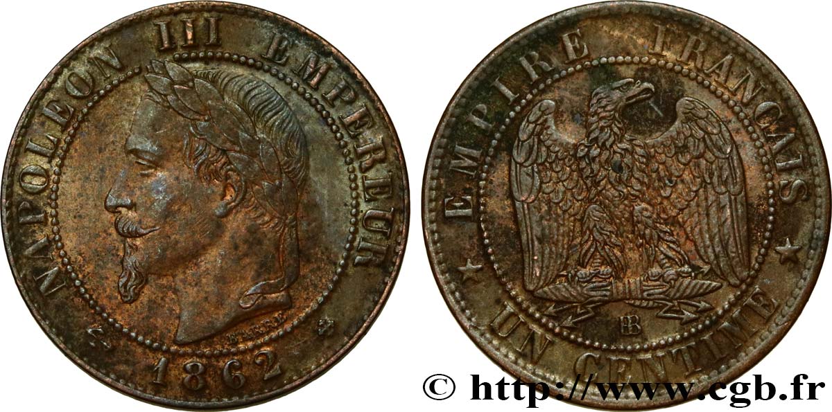 Un centime Napoléon III, tête laurée 1862 Strasbourg F.103/5 TTB+