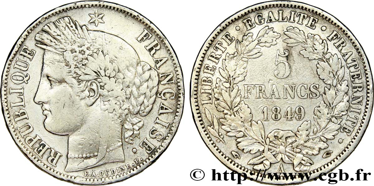 5 francs Cérès, IIe République, Main/Main 1849 Paris F.327/2 TB 