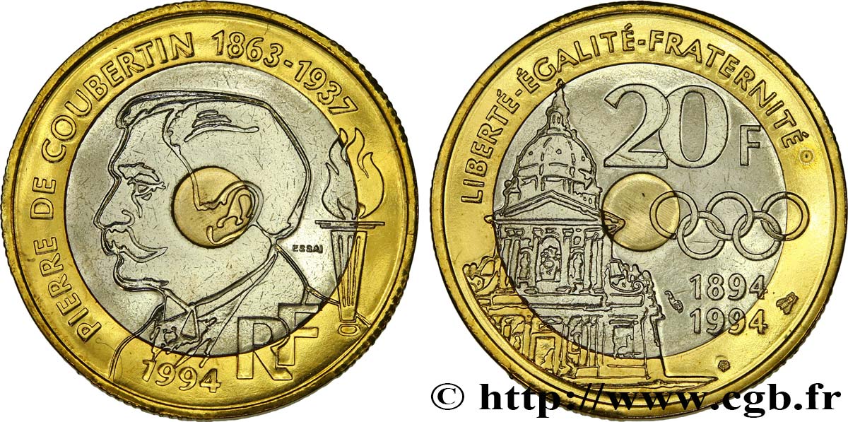 Essai de 20 francs Pierre de Coubertin 1994 Pessac F.405/1 MS