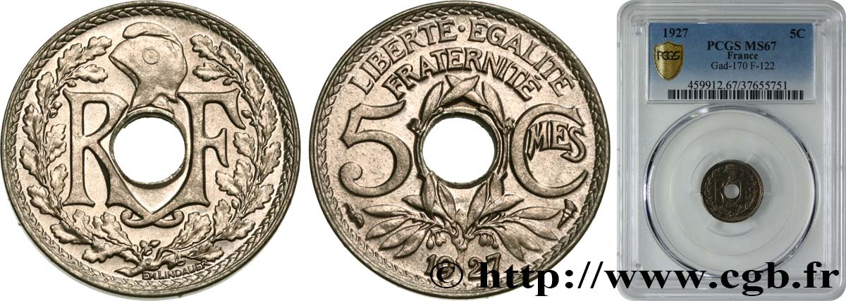 5 centimes Lindauer, petit module 1927  F.122/12 ST67 PCGS