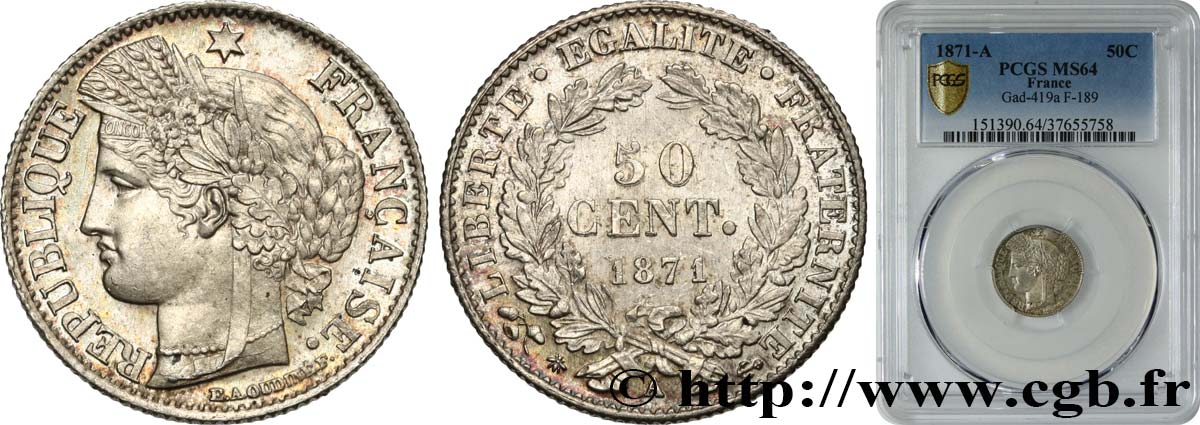 50 centimes Cérès, IIIe République 1871 Paris F.189/1 SPL64 PCGS