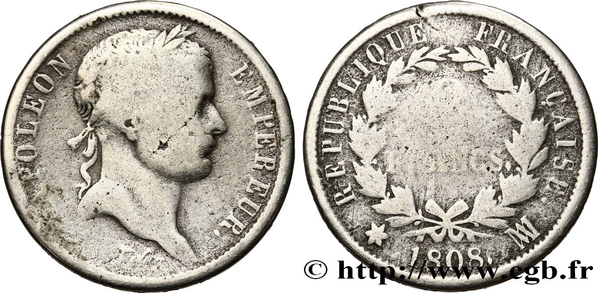 2 francs Napoléon Ier tête laurée, République française 1808 Marseille F.254/10 B 