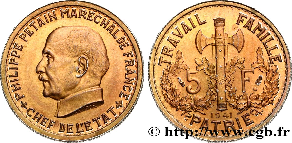 Épreuve sans le mot ESSAI de 5 francs Pétain en aluminium cuivré, 1er projet de Bazor 1941 Paris GEM. 142 9 var. fST63