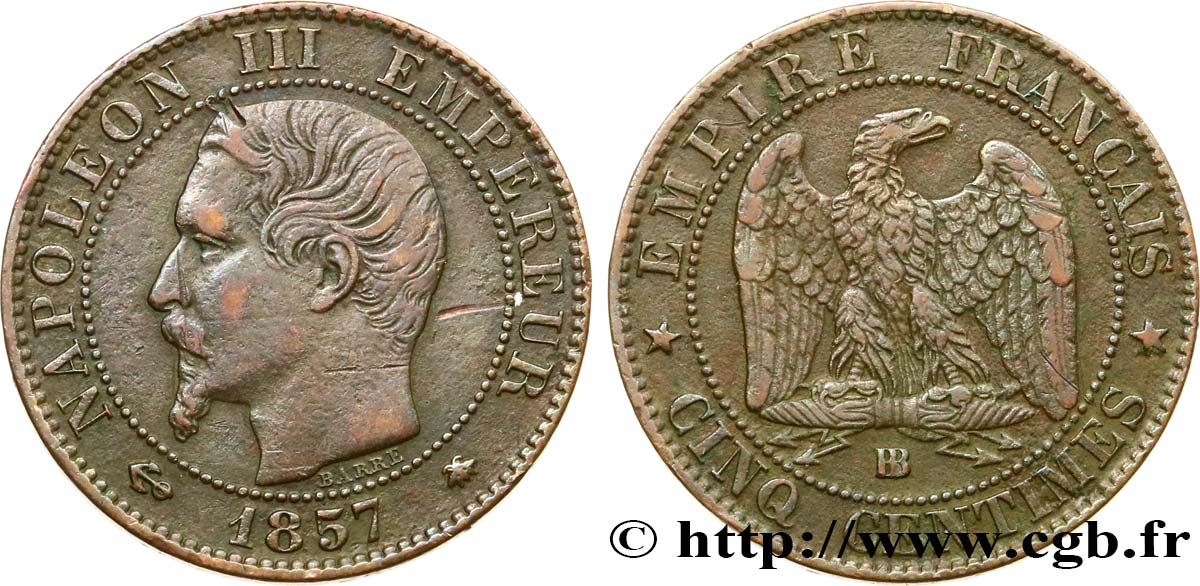 Cinq centimes Napoléon III, tête nue 1857 Strasbourg F.116/39 BB40 