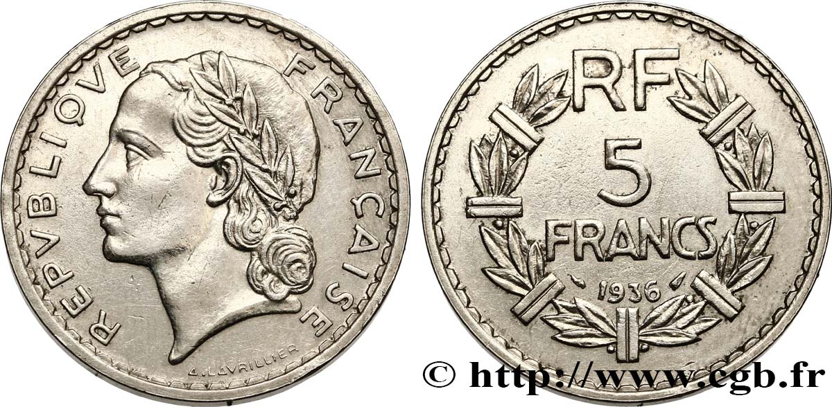 5 francs Lavrillier, nickel 1936  F.336/5 XF48 