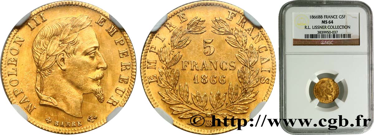 5 francs or Napoléon III, tête laurée 1866 Strasbourg F.502/10 MS64 NGC