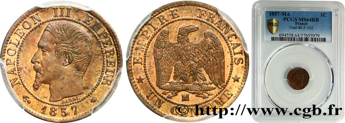 Un centime Napoléon III, tête nue 1857 Marseille F.102/37 MS64 PCGS