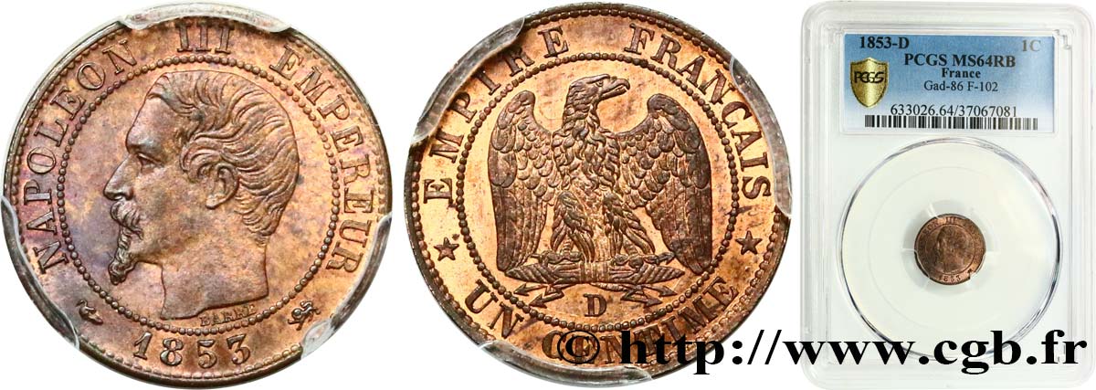 Un centime Napoléon III, tête nue 1853 Lyon F.102/4 SPL64 PCGS