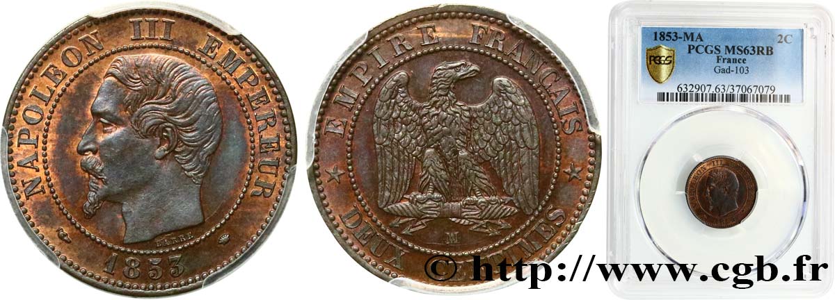 Deux centimes Napoléon III, tête nue 1853 Marseille F.107/7 SC63 PCGS