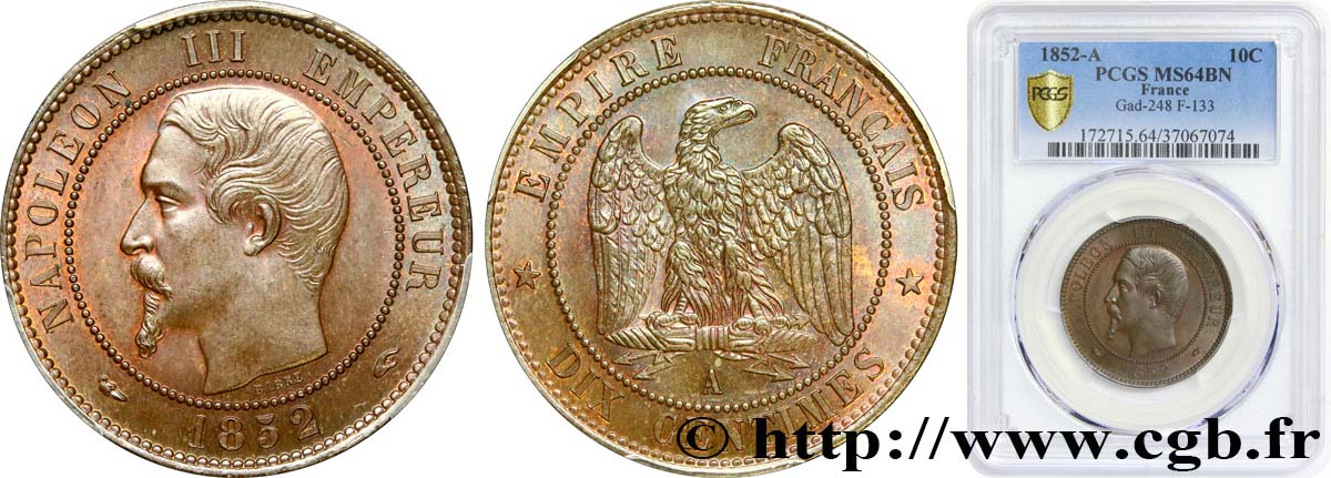 Dix centimes Napoléon III, tête nue 1852 Paris F.133/1 MS64 PCGS
