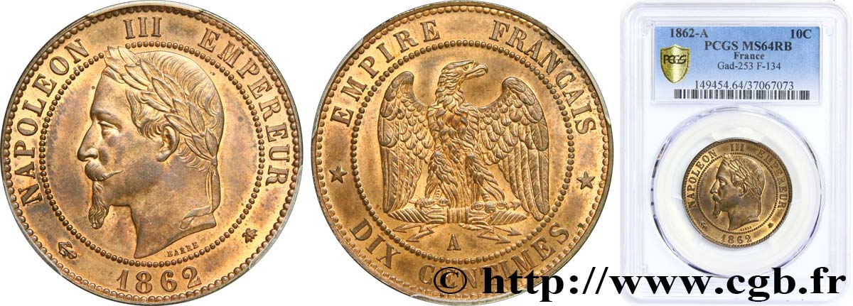 Dix centimes Napoléon III, tête laurée 1862 Paris F.134/7 SPL64 PCGS