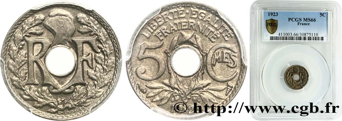 5 centimes Lindauer, petit module 1923 Paris F.122/6 MS66 PCGS