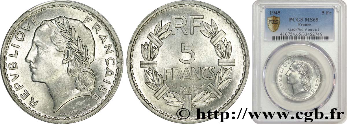 5 francs Lavrillier, aluminium 1945  F.339/3 MS65 PCGS