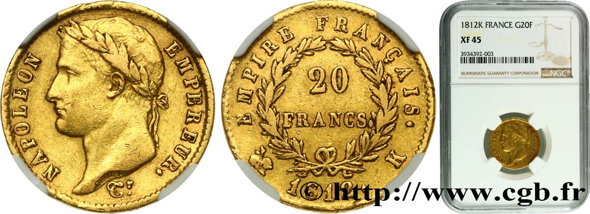 20 francs or Napoléon tête laurée, Empire français 1812 Bordeaux F.516/23 XF45 NGC