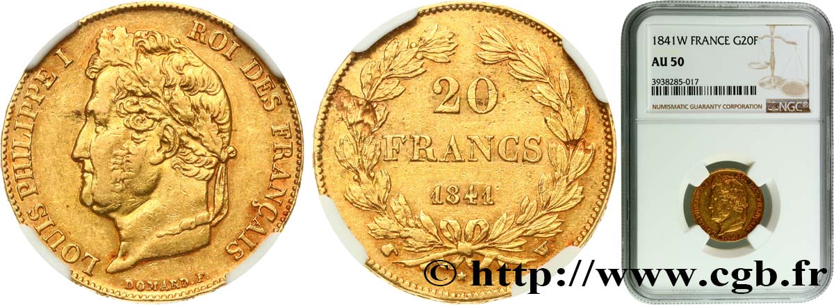 20 francs or Louis-Philippe, Domard 1841 Lille F.527/26 AU50 NGC