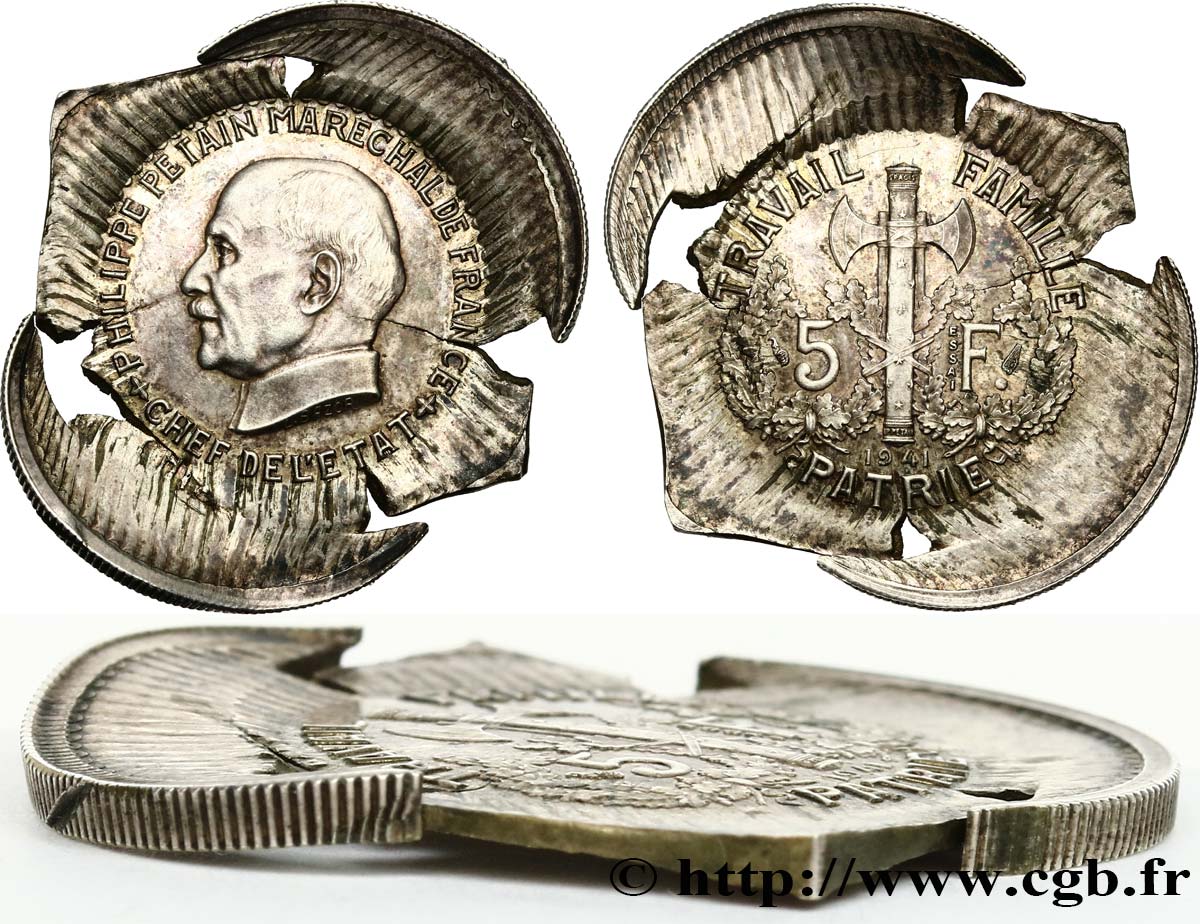Essai de 5 francs Pétain en cupro-nickel, 1er projet de Bazor, Fautée 1941 Paris GEM. 142 16 SPL 