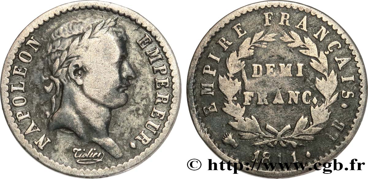 Demi-franc Napoléon Ier tête laurée, Empire français 1811 Strasbourg F.178/23 VF20 