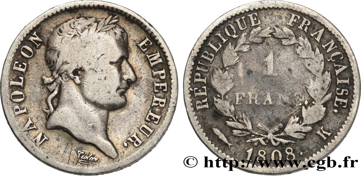 1 franc Napoléon Ier tête laurée, République française 1808 Bordeaux F.204/8 MB18 