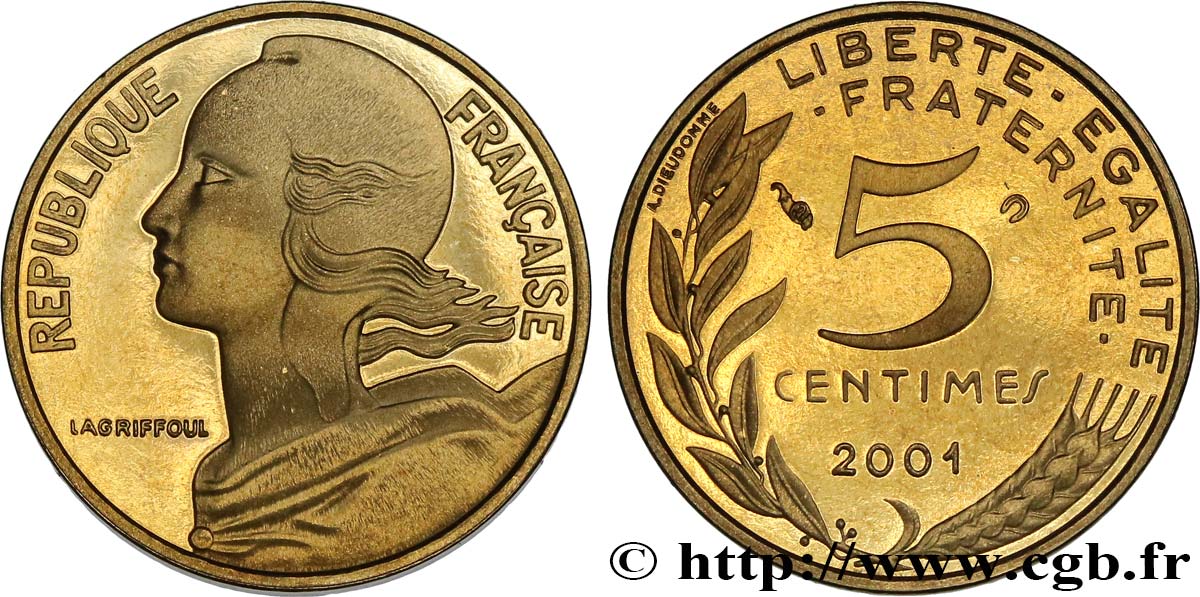 5 centimes Marianne, BE (Belle Épreuve) 2001 Pessac F.125/45 var. MS