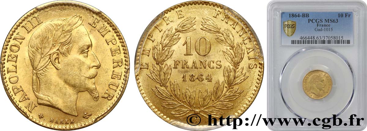 10 francs or Napoléon III, tête laurée 1864 Strasbourg F.507A/7 fST63 PCGS