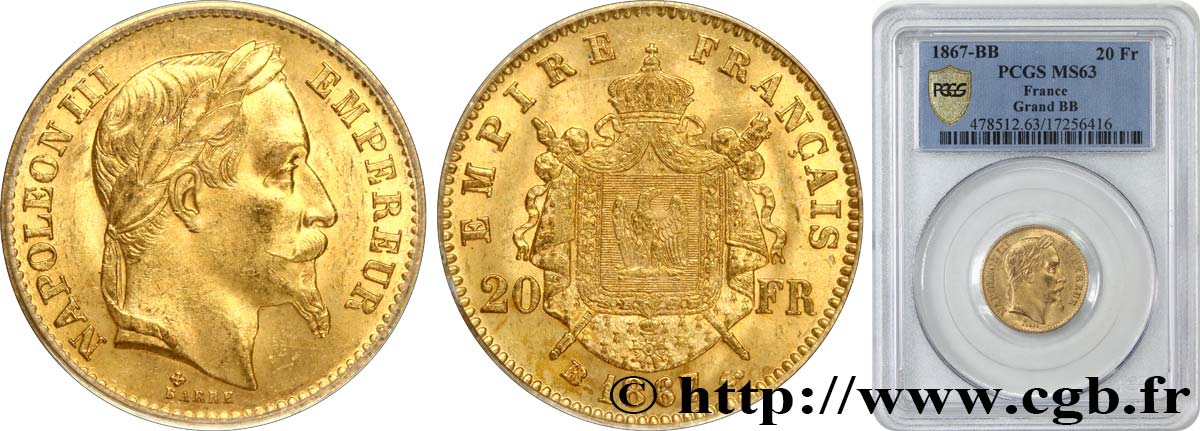 20 francs or Napoléon III, tête laurée 1867 Strasbourg F.532/17 SPL63 PCGS
