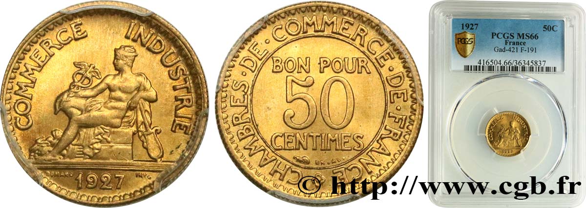 50 centimes Chambres de Commerce 1927 Paris F.191/9 FDC66 PCGS