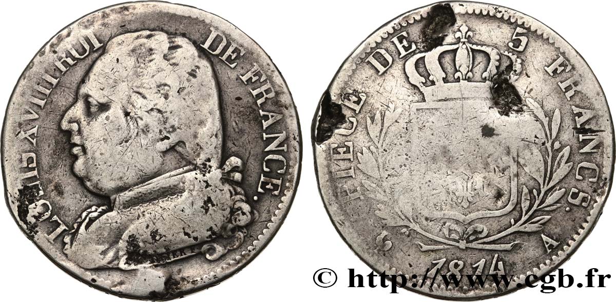 5 francs Louis XVIII buste habillé 1814 Paris F.308/1 B
