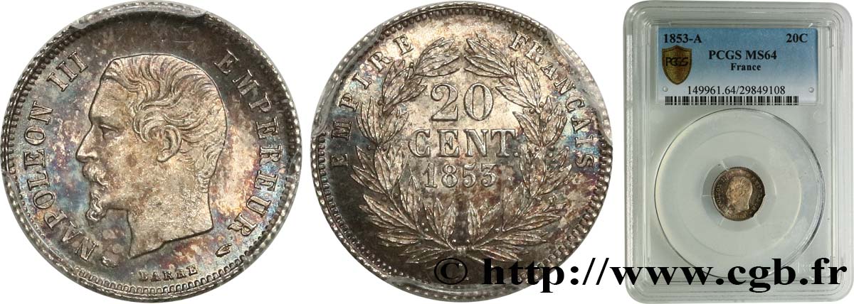 20 centimes Napoléon III, tête nue 1853 Paris F.148/1 SPL64 PCGS