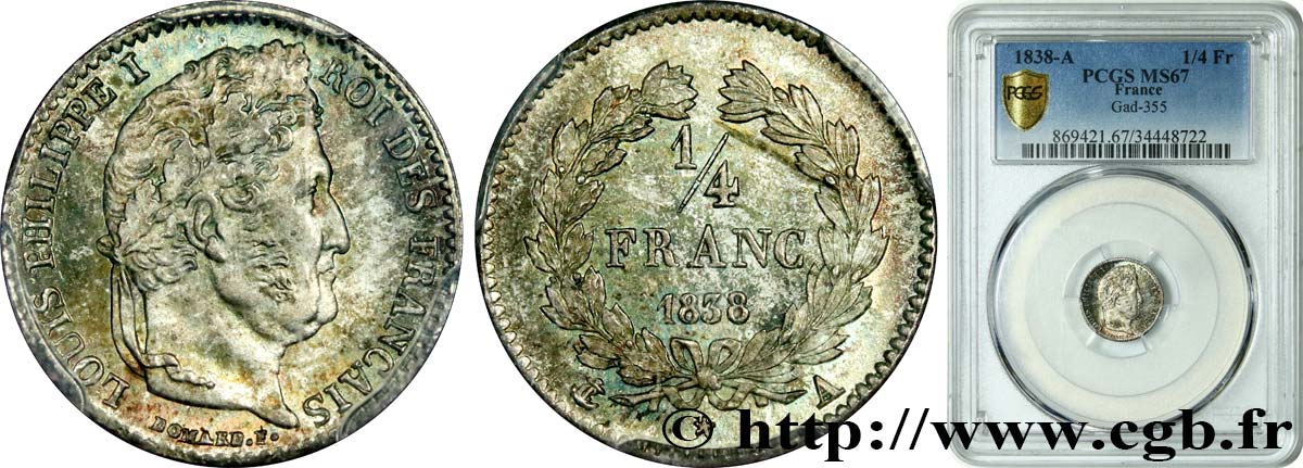 1/4 franc Louis-Philippe 1838 Paris F.166/69 MS67 PCGS