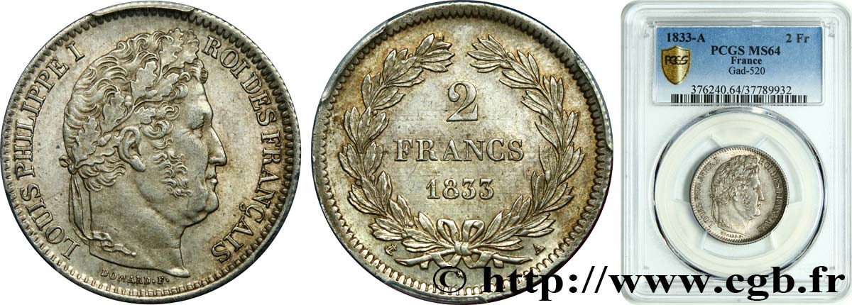 2 francs Louis-Philippe 1833 Paris F.260/17 fST64 PCGS
