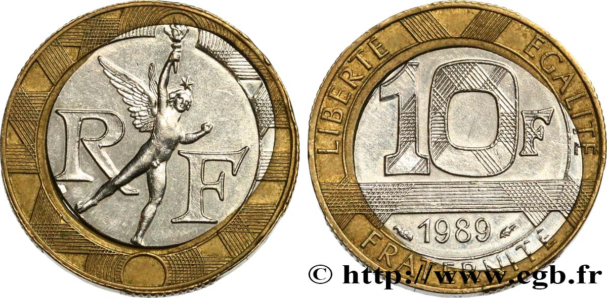 10 francs Génie de la Bastille, FAUTÉE, coeur en nickel décentré 1989 Pessac F.375/3 var. TTB+ 