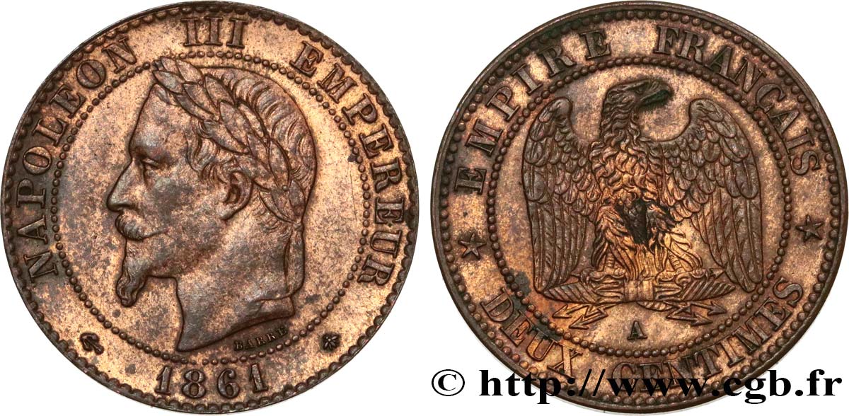 Deux centimes Napoléon III, tête laurée 1861 Paris F.108/1 AU52 