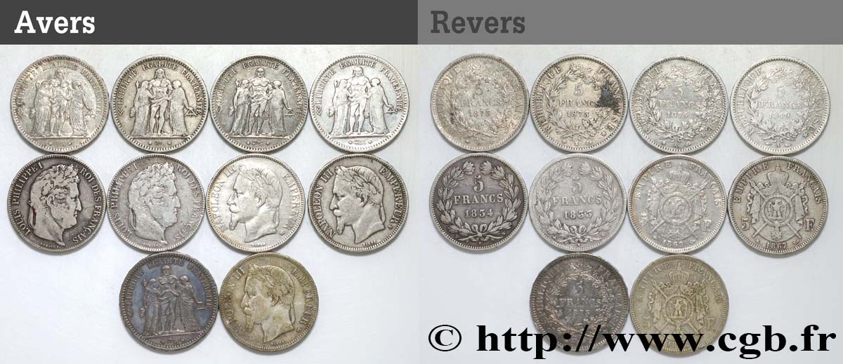 Lot de dix écus de 5 francs n.d. F.-/ MB