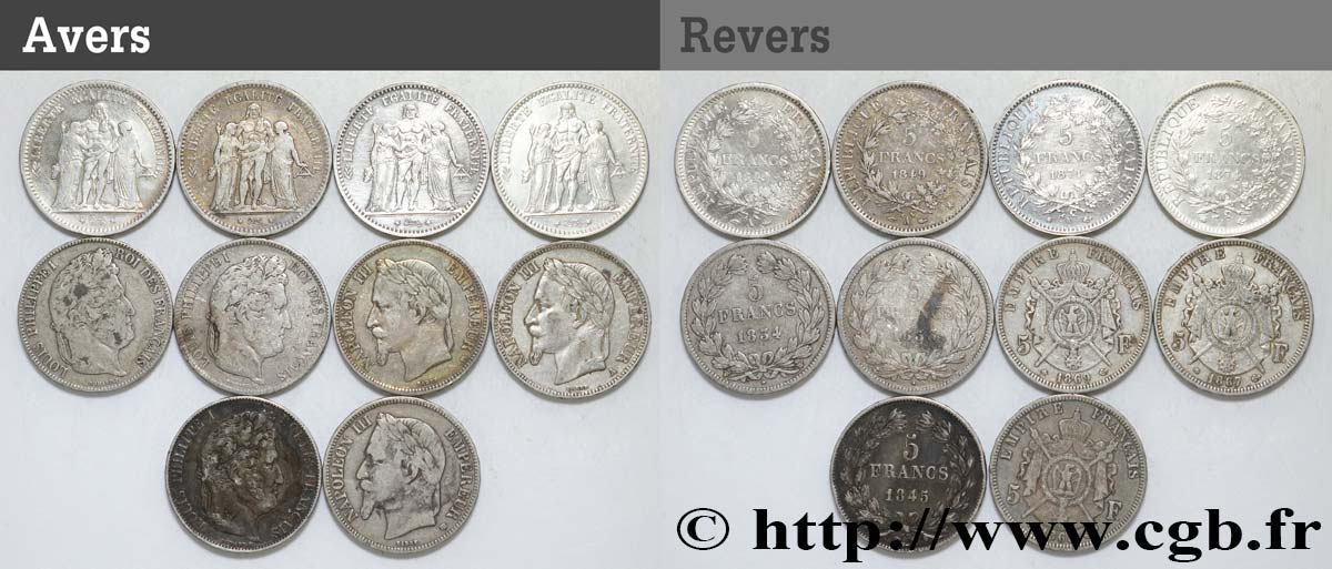 Lot de dix écus de 5 francs n.d. F.-/ S