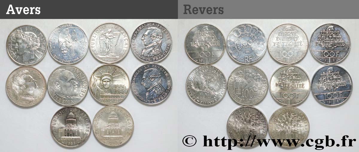 Lot de 10 pièces de 100 francs commémoratives - - F.-/ XF