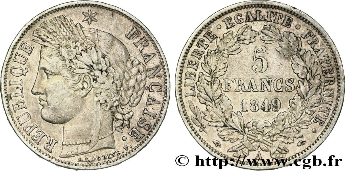 5 francs Cérès, IIe République, Main/Main 1849 Paris F.327/2 BC+ 