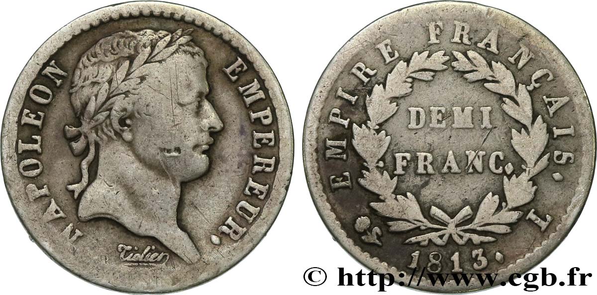 Demi-franc Napoléon Ier tête laurée, Empire français 1813 Bayonne F.178/56 MB 