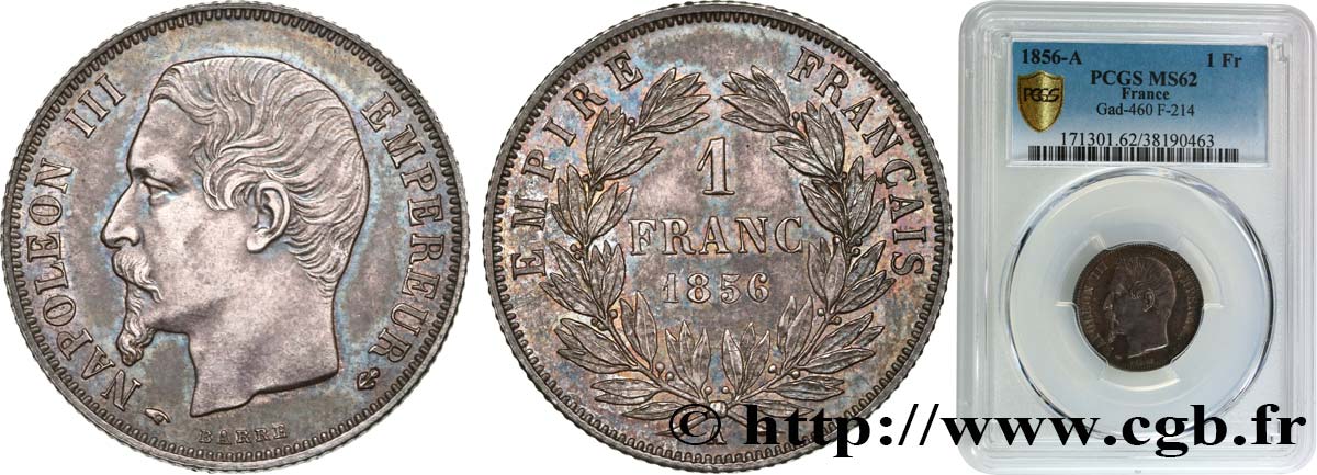 1 franc Napoléon III, tête nue 1856 Paris F.214/6 SPL62 PCGS