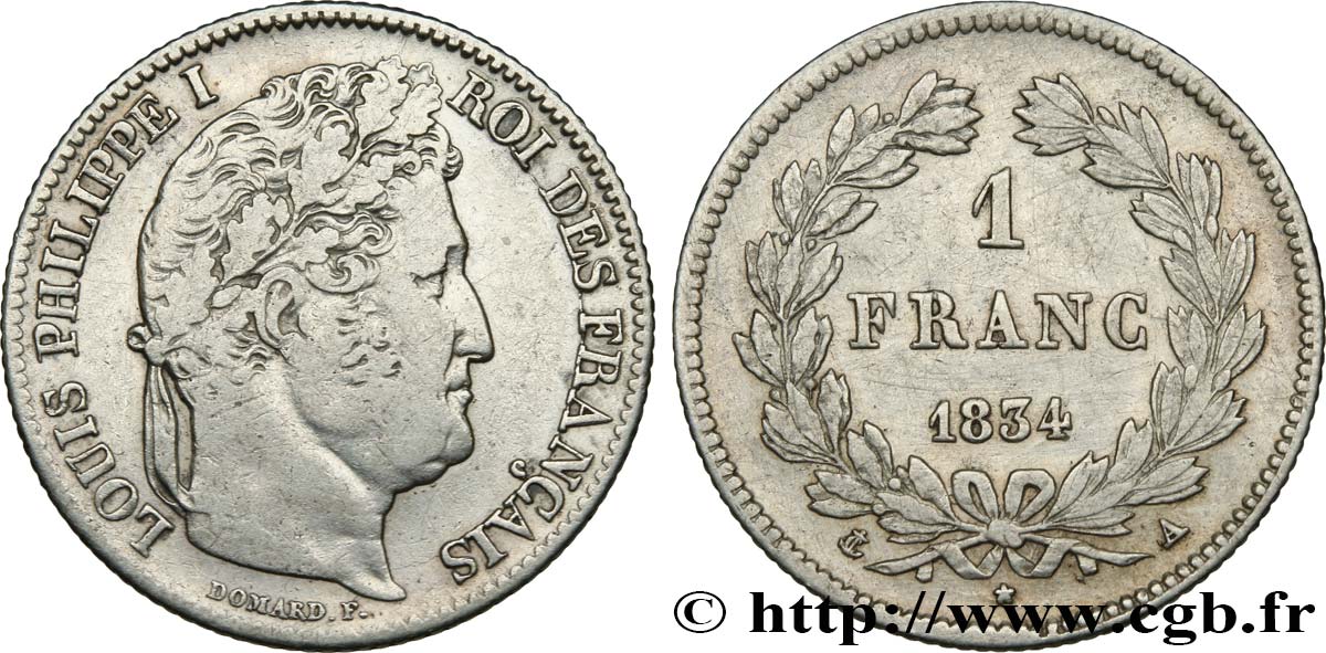 1 franc Louis-Philippe, couronne de chêne 1834 Paris F.210/27 VF 