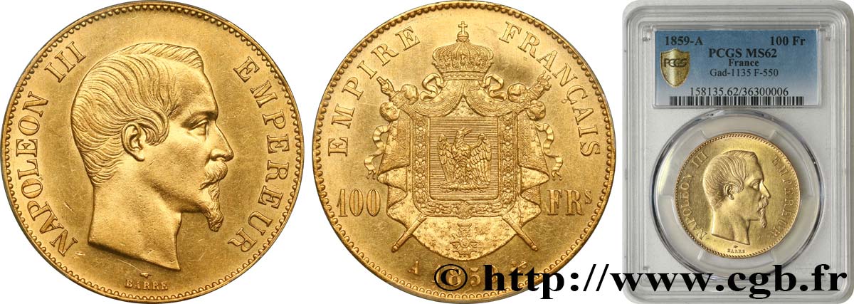 100 francs or Napoléon III, tête nue 1859 Paris F.550/7 SUP62 PCGS