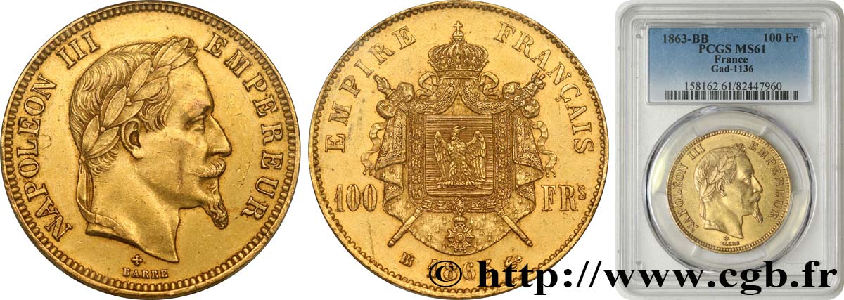 100 francs or Napoléon III, tête laurée 1863 Strasbourg F.551/3 SUP61 PCGS