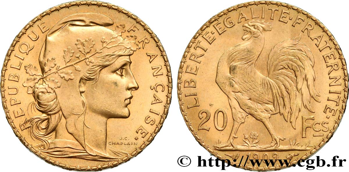 20 francs or Coq, Liberté Égalité Fraternité 1909 Paris F.535/3 MS