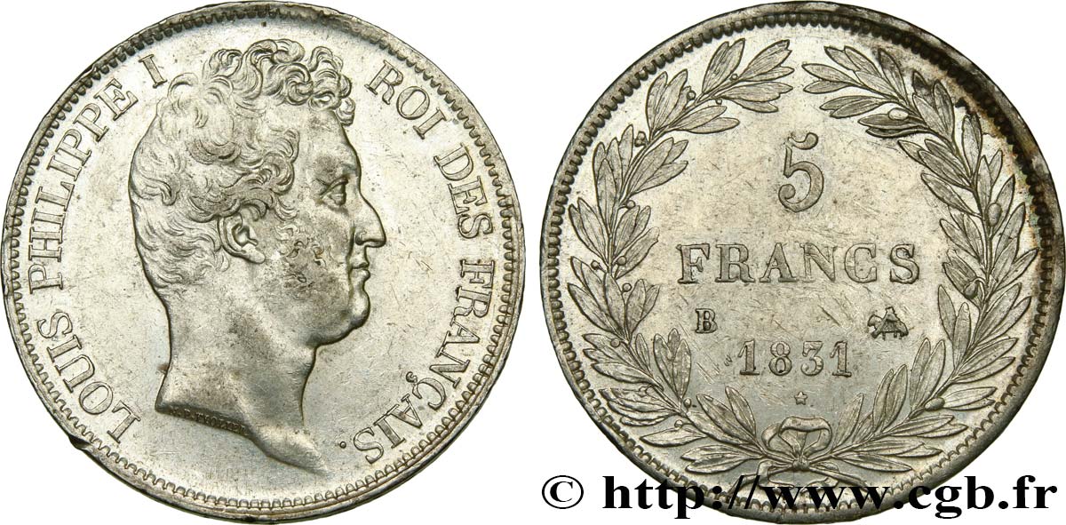 5 francs type Tiolier avec le I, tranche en creux 1831 Rouen F.315/15 BB50 