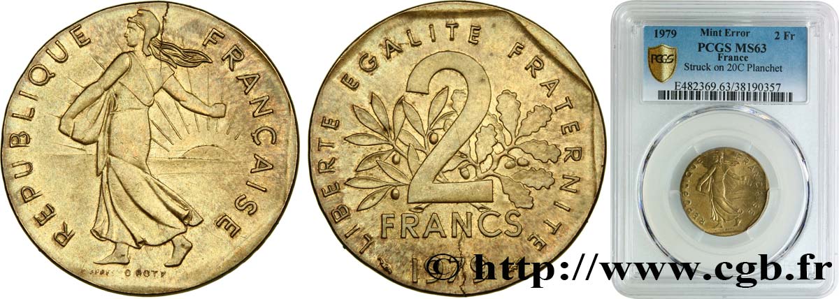 2 francs Semeuse sur flan de 20 centimes Marianne 1979 Pessac F.272/3 SC63 PCGS