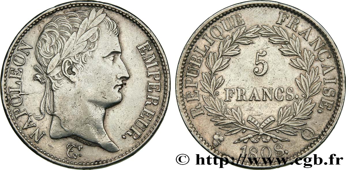 5 francs Napoléon Empereur, République française 1808 Perpignan F.306/12 AU50 